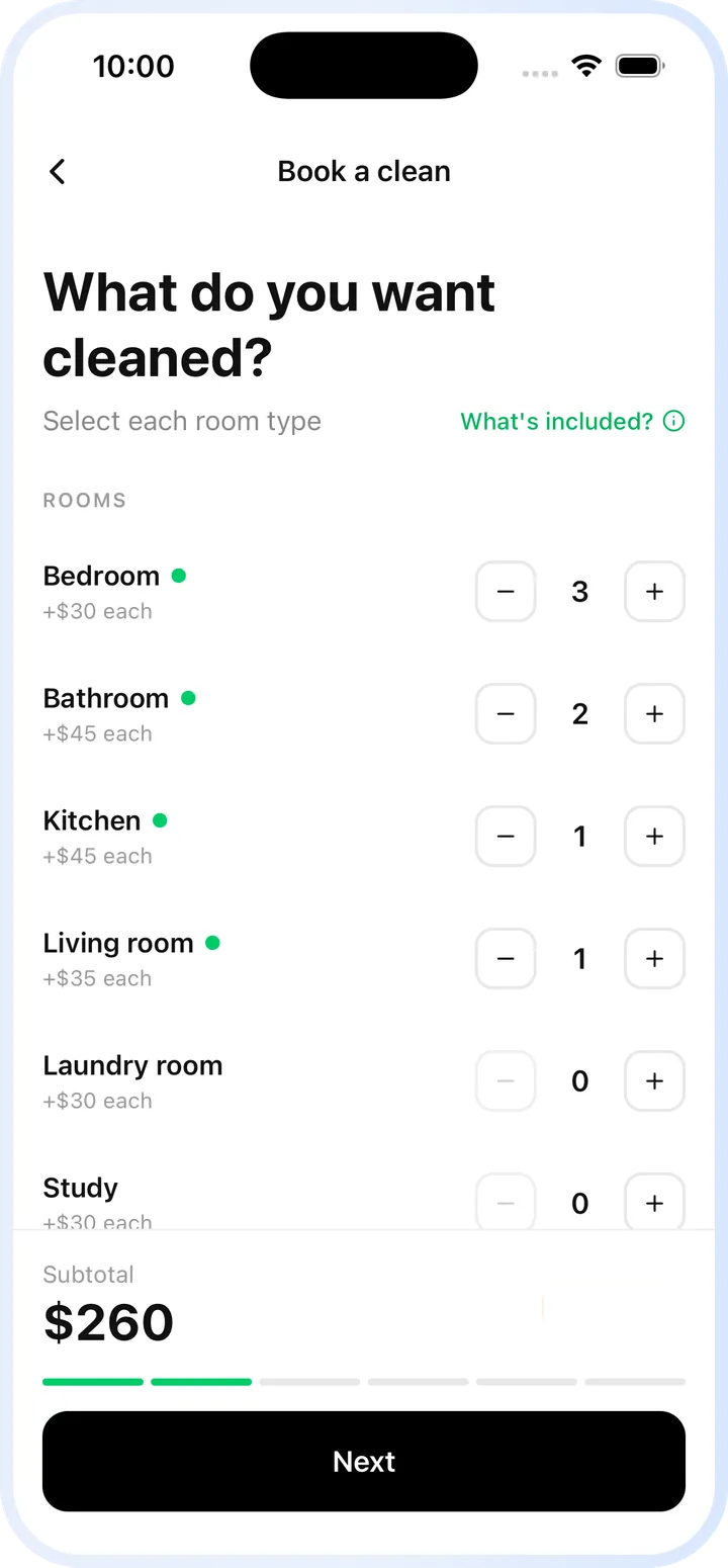 Fyxes app build-a-clean screen with room selection and live pricing
