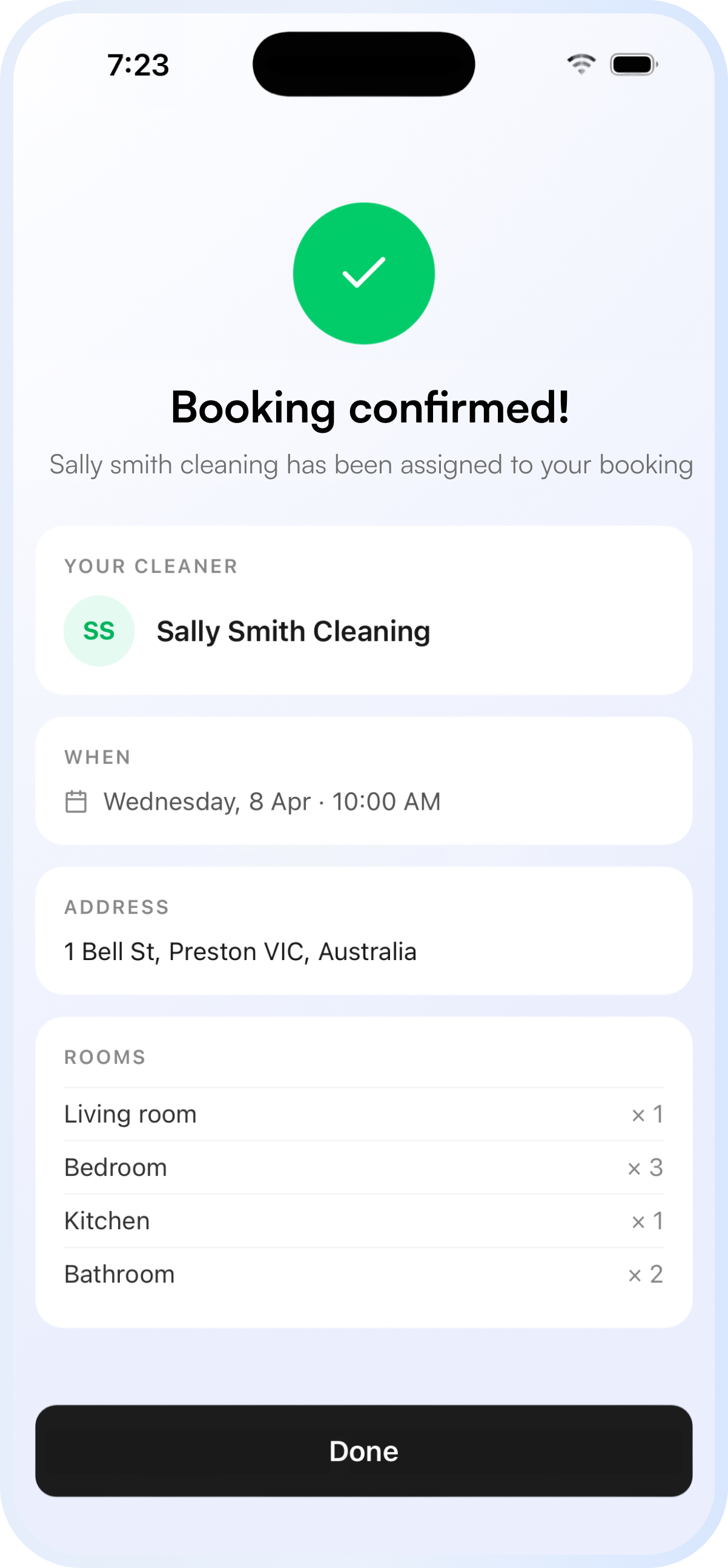 Fyxes app booking confirmed screen