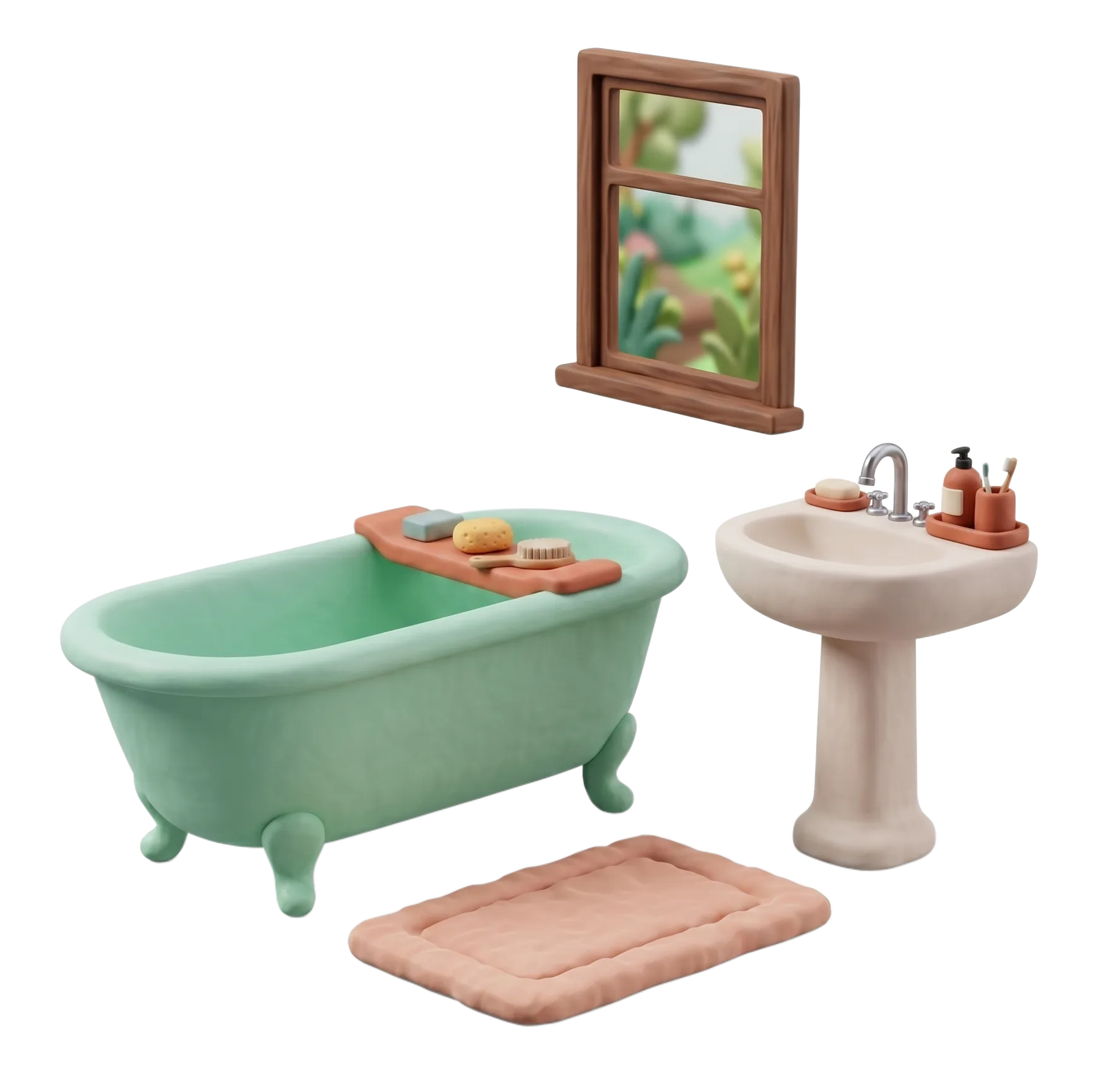 A clay bathroom set — clawfoot tub, pedestal sink, mirror and bath mat