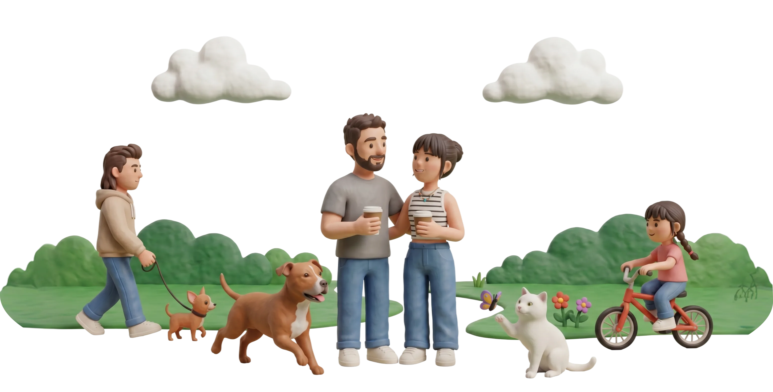 Claymation park scene — a couple chatting over coffee, a neighbour walking a chihuahua, a happy staffy, a white cat, and a kid on a bike