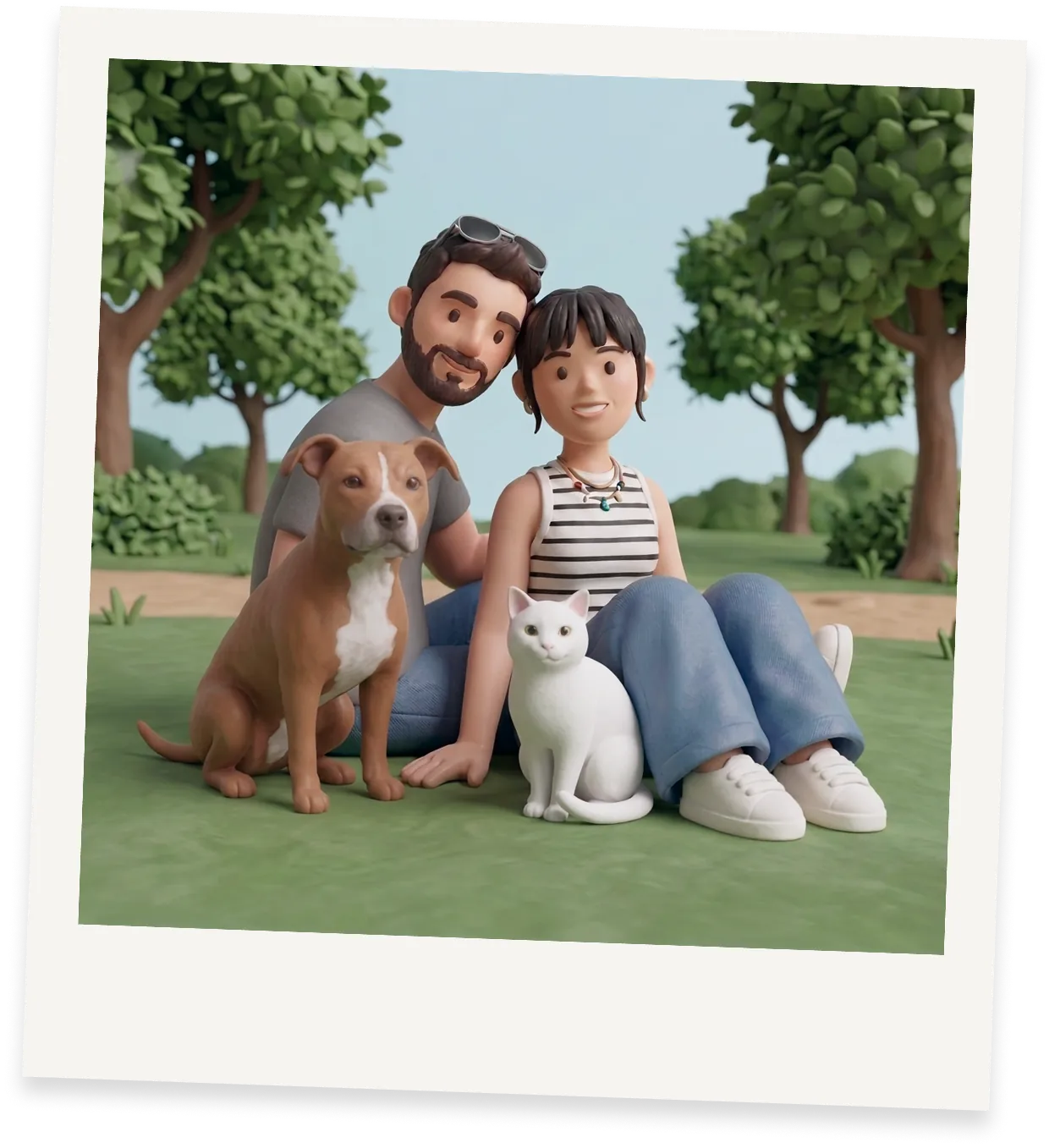 Clay-style park portrait of Fyxes founder Michelle Hardi with her partner Matt, their dog Cookie and cat Rayray