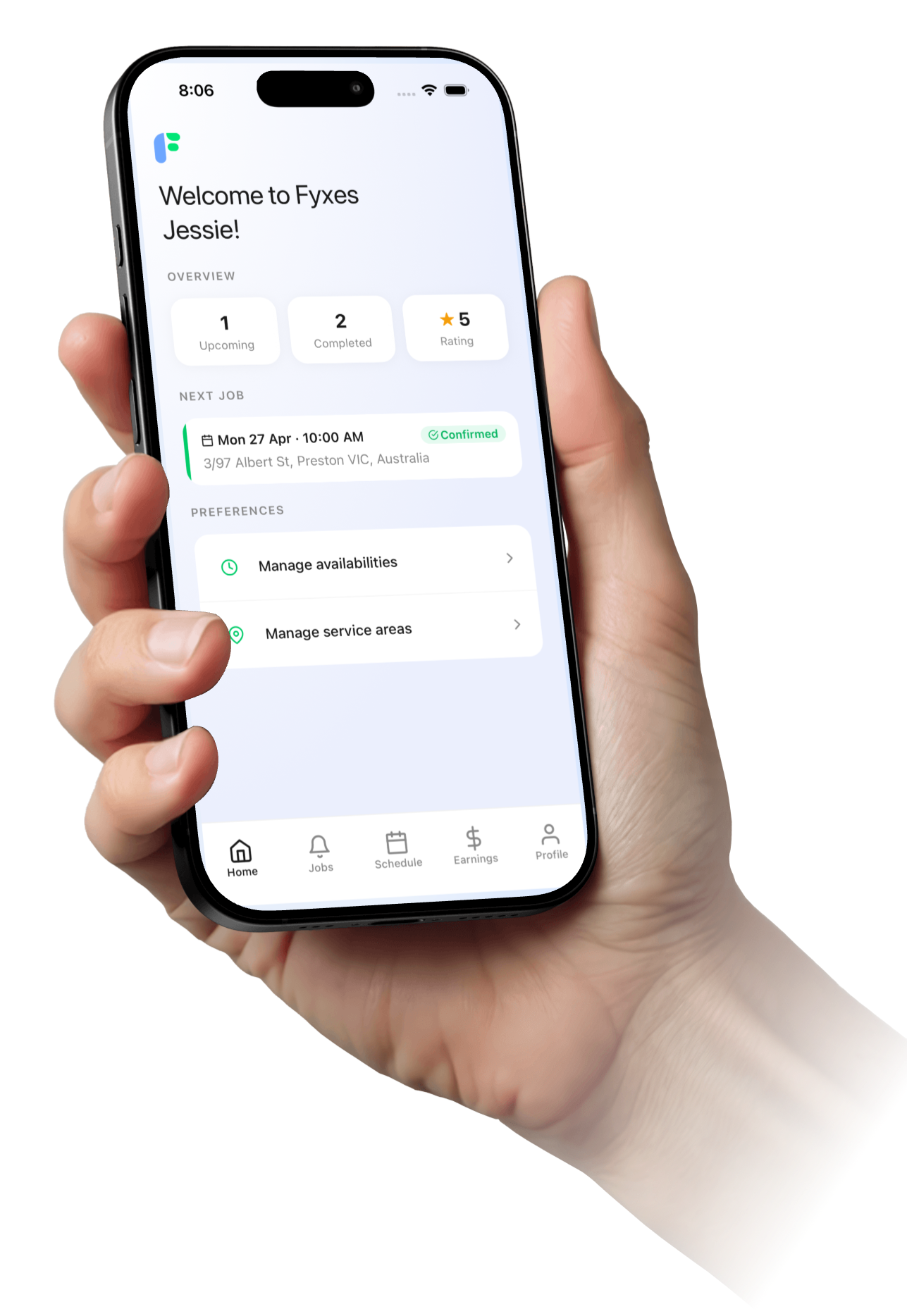 Fyxes cleaner home screen — upcoming jobs, availability, and service areas