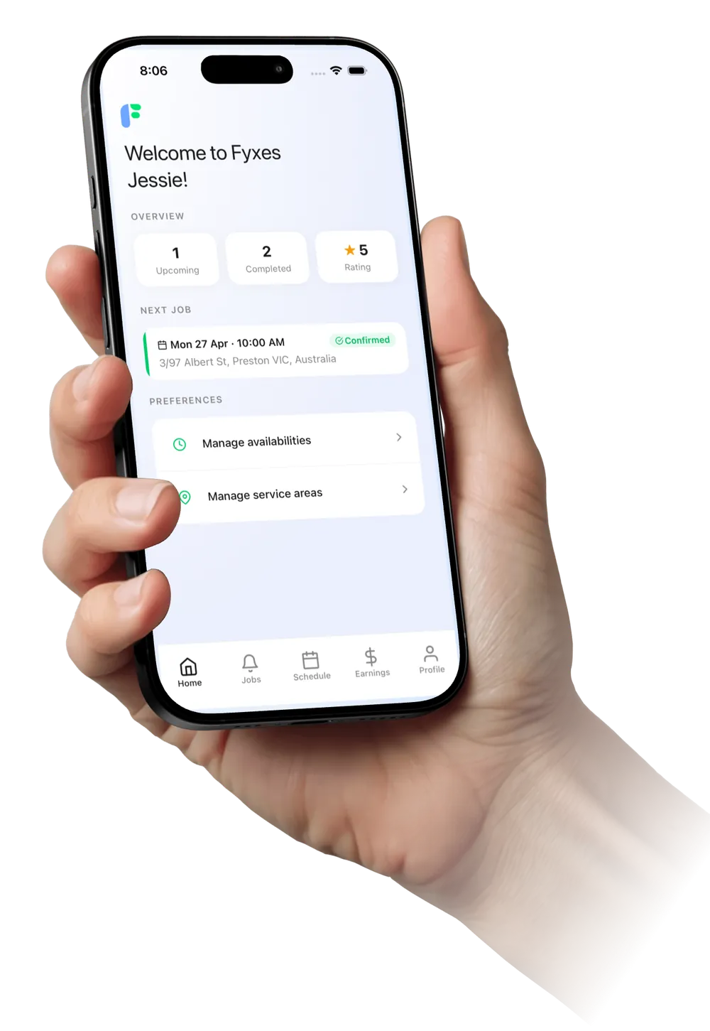 Fyxes cleaner home screen — upcoming jobs, availability, and service areas