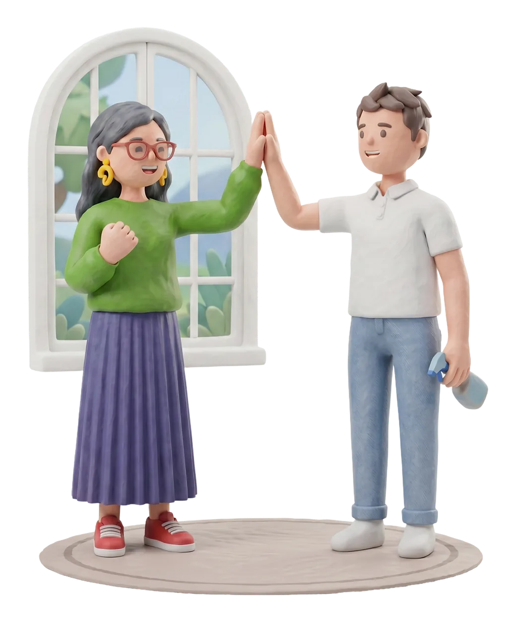 Clay-style scene — a Melbourne homeowner in glasses high-fives her Fyxes cleaner, who holds a spray bottle, in front of an arched garden window