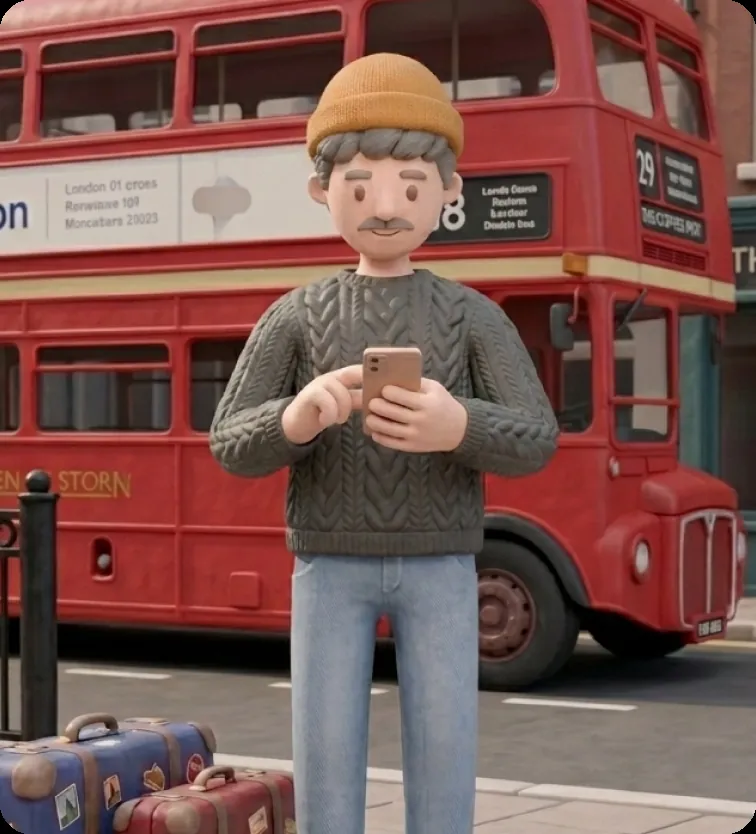 A clay-style traveller in a beanie checking his phone beside a red double-decker bus, suitcase at his feet.