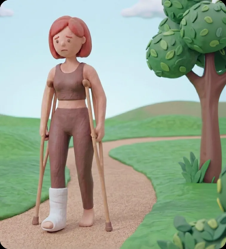 A clay-style woman with a cast on her leg standing outdoors on crutches.