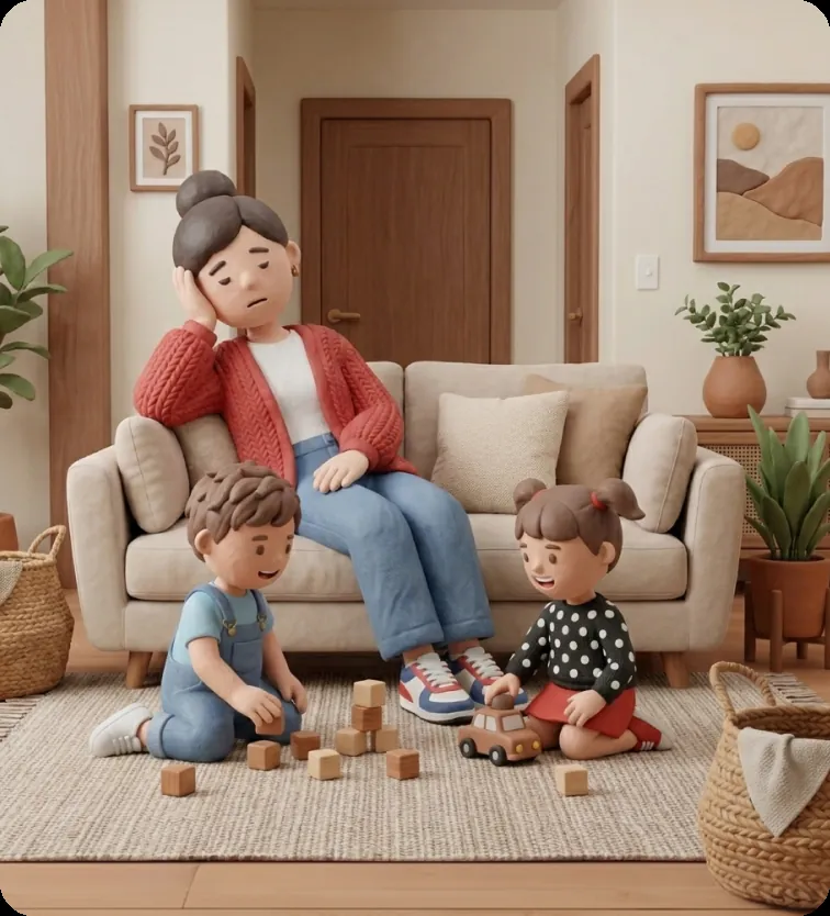 A clay-style mum resting on the couch while her two young kids play with blocks on the rug.