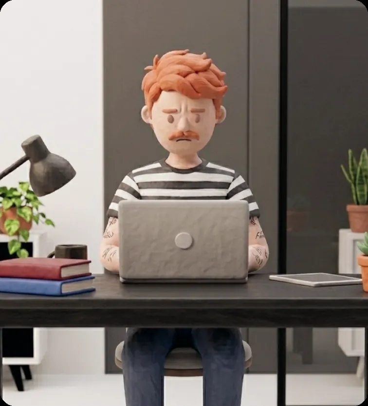 A clay-style man working late on his laptop at a dark desk, looking stressed.