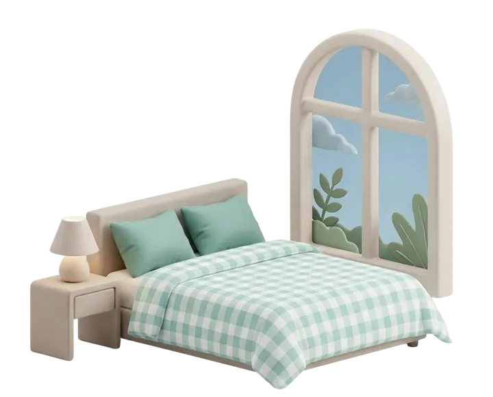 A neatly made bed with green gingham bedding beside a sunny window