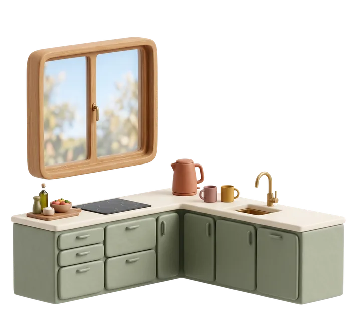 A clay-style kitchen with sage-green cabinets, a cooktop, brass tap and a wooden window onto greenery